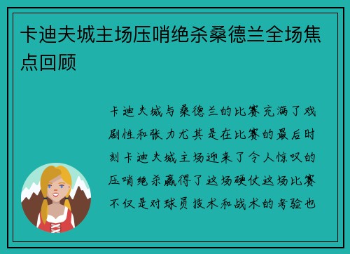卡迪夫城主场压哨绝杀桑德兰全场焦点回顾