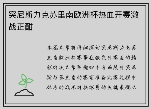 突尼斯力克苏里南欧洲杯热血开赛激战正酣