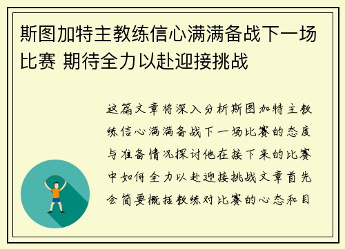 斯图加特主教练信心满满备战下一场比赛 期待全力以赴迎接挑战