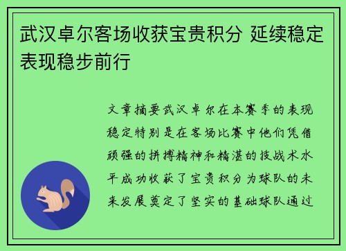 武汉卓尔客场收获宝贵积分 延续稳定表现稳步前行